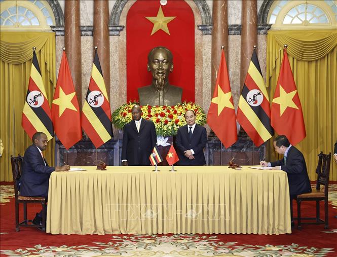 President Nguyen Xuan Phuc and Ugandan President Yoweri Kaguta Museveni witness the signing of cooperation documents in agriculture in Hanoi on November 24. VNA Photo