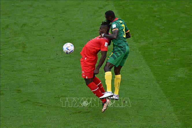 Trong ảnh: Pha không chiến giữa tiền đạo Breel Embolo (trái) của Thụy Sĩ và hậu vệ Nicolas Nkoulou của Cameroon. Ảnh: AFP/TTXVN