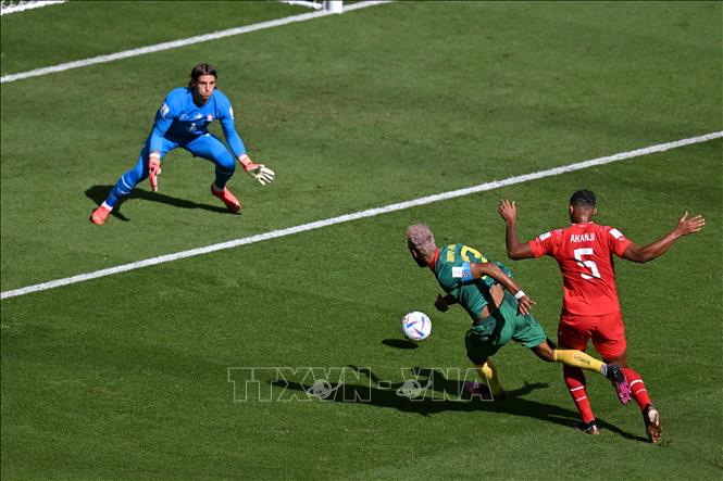 Bryan Mbeumo và Choupo-Moting đã liên tiếp đe dọa khung thành của Yann Sommer khi Cameroon đang chơi phản công tốt trước Thụy Sĩ. Trong ảnh: Choupo-Moting (giữa) của Cameroon có cơ hội đối mặt thủ môn Thụy Sĩ Yann Sommer nhưng cú sút của anh quá nhẹ. Ảnh: AFP/TTXVN