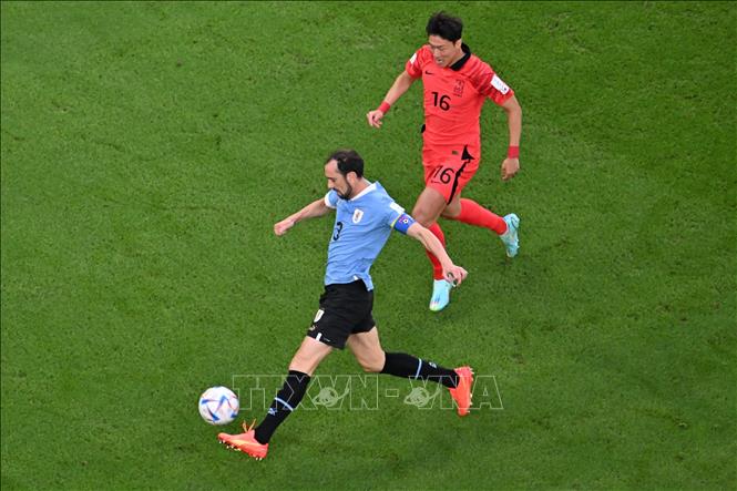 Hậu vệ Diego Godin (trái) tuyển Uruguay tranh bóng với tiền đạo Hàn Quốc Hwang Ui-jo. Ảnh: AFP/ TTXVN
