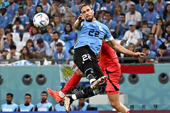 Các cầu thủ Uruguay đang tổ chức tấn công liên tục nhưng không xuyên thủng được hàng phòng ngự chặt chẽ của tuyển Hàn Quốc. Trong ảnh: Cú bật cao đánh đầu của hậu vệ Uruguay Martin Caceres. Ảnh: AFP/ TTXVN
