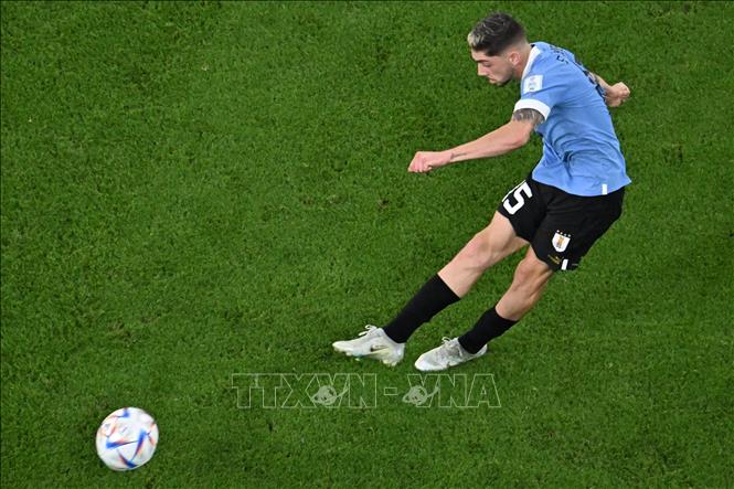 Tiền vệ Uruguay Federico Valverde tung ra cú sút chân phải đầy quyết đoán từ ngoài vòng cấm đưa bóng dội cột dọc khung thành Hàn Quốc ở phút 89. Ảnh: AFP/ TTXVN