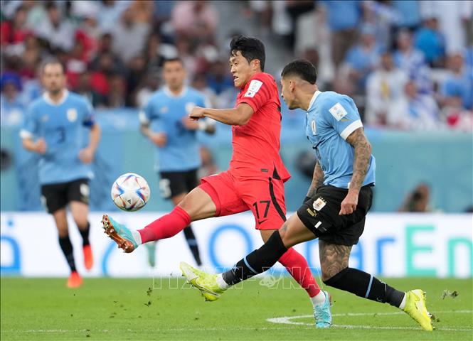 Cầu thủ Na Sang-ho (trái) tuyển Hàn Quốc nỗ lực kiểm soát bóng trước Mathias Olivera tuyển Uruguay. Ảnh: AFP/ TTXVN