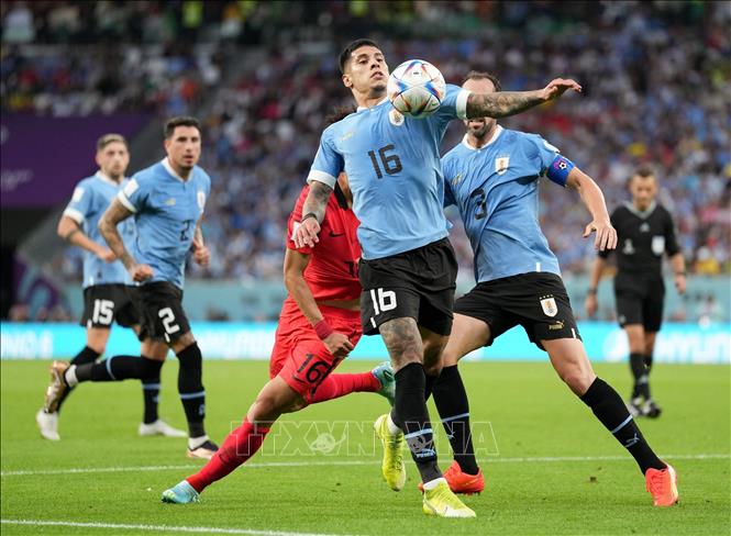 Pha cản phá bóng của cầu thủ Mathias Olivera (phía trước, đội Uruguay). Ảnh: THX/ TTXVN