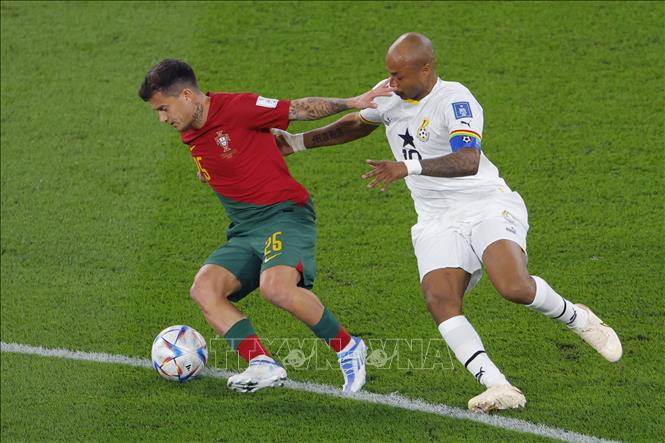 Trung vệ Ghana Andre Ayew (phải) truy cản pha đi bóng của trung vệ Bồ Đào Nha Otavio. Ảnh: AFP/TTXVN