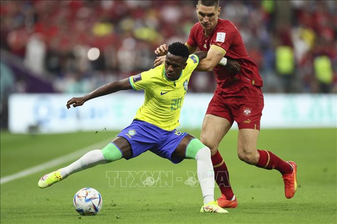Trong ảnh: Cầu thủ Serbia cản đường đi bóng của tiền đạo Brazil Vinicius Junior (trái). Ảnh: THX/TTXVN