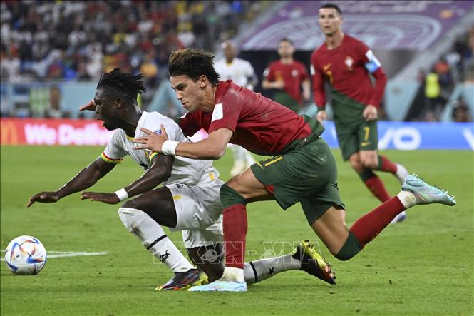 Joao Felix (phải) của Bồ Đào Nha nỗ lực tranh bóng với cầu thủ đội Ghana. Ảnh: THX/TTXVN