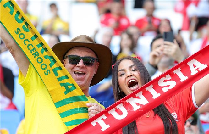 Các cổ động viên cổ vũ trong trận Tunisia gặp Australia. Ảnh: THX/TTXVN