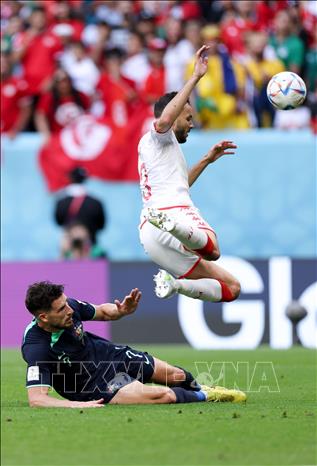 Pha tranh bóng giữa Montassar Talbi (trên) của Tunisia và Mathew Leckie của Australia. Ảnh: THX/TTXVN