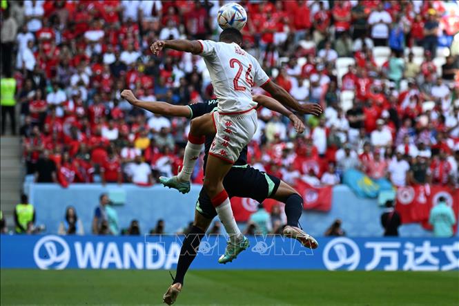 Pha không chiến giữa Ali Abdi (trên) của Tunisia và Fran Karacic của Australia. Ảnh: AFP/TTXVN