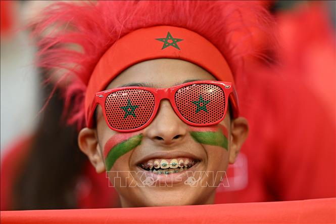 Cổ động viên Maroc cổ vũ trong trận đấu đội nhà gặp Bỉ. Ảnh: AFP/TTXVN