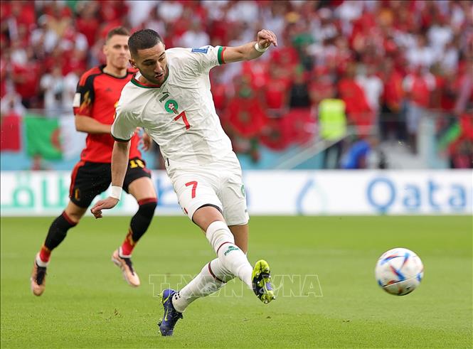 Pha dứt điểm của tiền đạo Maroc Hakim Ziyech (số 7). Ảnh: THX/TTXVN