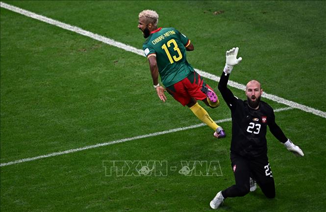Trong ảnh: Niềm vui của Eric Maxim Choupo-Moting  (số 13) đội Cameroon  sau khi ghi bàn thắng. Ảnh: AFP/TTXVN