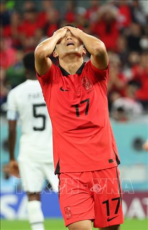 Nỗi thất vọng của Na Sang-ho, đội Hàn Quốc sau khi bỏ lỡ cơ hội ghi bàn. Ảnh: Yonhap/TTXVN