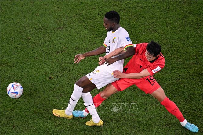 Pha tranh bóng giữa Inaki Williams (trái) của Ghana và Kim Young-gwon của Hàn Quốc. Ảnh: AFP/TTXVN