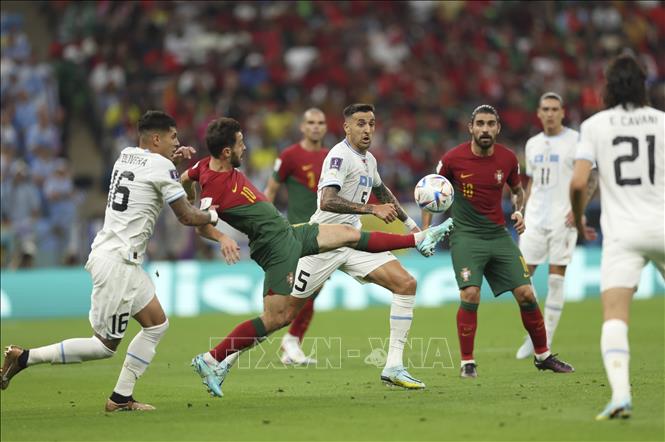Cầu thủ Bồ Đào Nha Bernardo Silva (thứ 2, bên trái) tranh bóng với cầu thủ Uruguay Matias Vecino (thứ 4, bên trái). Ảnh: THX/TTXVN