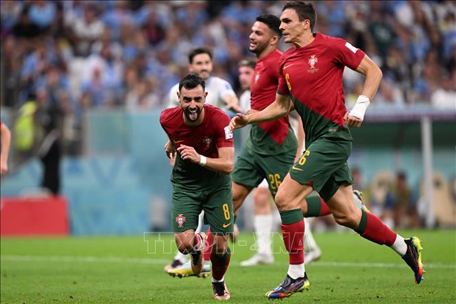 Trung vệ Bruno Fernandes (giữa) ăn mừng bàn thắng thứ hai cho đội Bồ Đào Nha. Ảnh: AFP/TTXVN