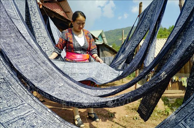 Trong ảnh: Vải sau khi nhuộm được mang đi phơi nắng. Ảnh: Xuân Tư – TTXVN