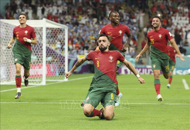 Trong ảnh: Cầu thủ Bruno Fernandes (trước) của Bồ Đào Nha ăn mừng bàn thắng vào lưới Uruguay trên sân Lusail, Qatar ngày 28/11/2022. Ảnh: THX/TTXVN