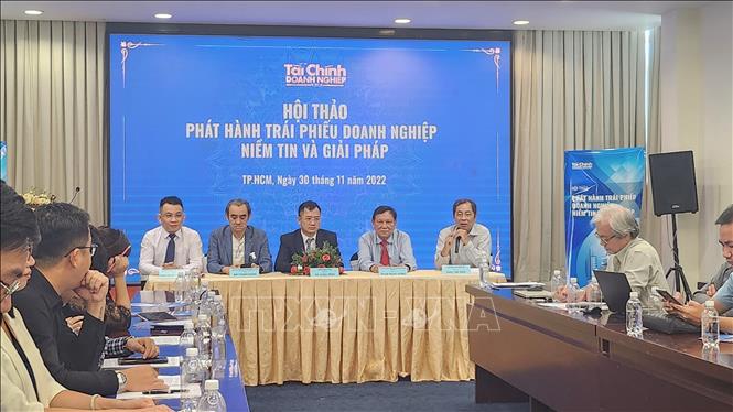 Các chuyên gia thảo luận về giải pháp thúc đẩy thị trường trái phiếu doanh nghiệp phát triển bền vững. Ảnh: Hứa Chung - TTXVN