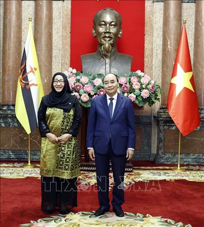Chủ tịch nước Nguyễn Xuân Phúc và Đại sứ Brunei Malai Halimah Malai Yussof tại lễ trình Quốc thư. Ảnh: Thống Nhất – TTXVN