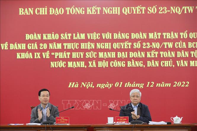 Trong ảnh: Thường trực Ban Bí thư Võ Văn Thưởng, Chủ tịch Ủy ban Trung ương MTTQ Việt Nam Đỗ Văn Chiến tại buổi làm việc. Ảnh: Minh Đức – TTXVN