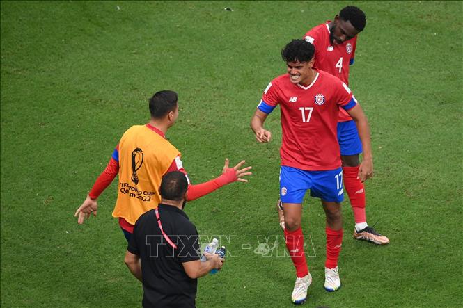 Tiền vệ Yeltsin Tejeda (giữa) ăn mừng bàn thắng gỡ hòa cho tuyển Costa Rica. Ảnh: AFP/TTXVN