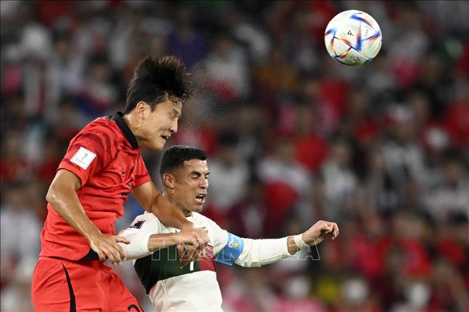 Ronaldo có bóng trong vòng cấm của Hàn Quốc, tiền đạo này tung cú dứt điểm ngay, nhưng bóng đập chân hậu vệ đối phương bật ngược trở lại. Trong ảnh: Pha tranh bóng bổng giữa tiền đạo Bồ Đào Nha Cristiano Ronaldo (phải) và hậu vệ Hàn Quốc Kwon Kyung-won. Ảnh: AFP/ TTXVN