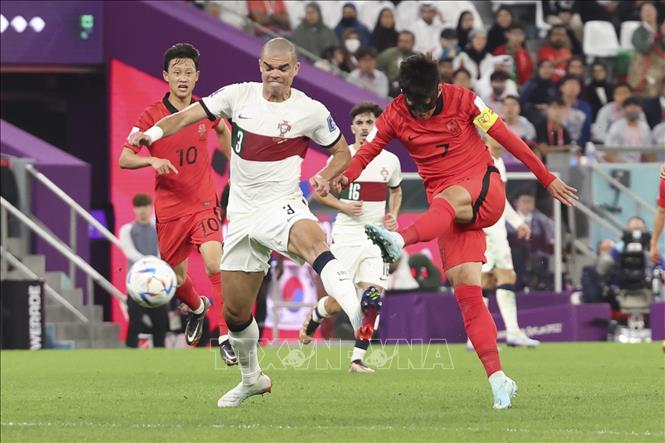 Son Heung-min (phải) dùng tốc độ để xộc thẳng vào trung độ nhằm tạo ra đột biến cho Hàn Quốc. Tuy nhiên tuyển thủ Bồ Đào Nha Pepe (trái) xử lý rất kinh nghiệm để hóa giải pha bóng. Ảnh: THX/ TTXVN