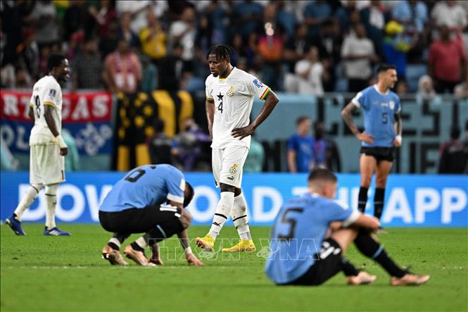 Nỗi buồn của các cầu thủ Uruguay sau khi phải dừng bước ở vòng bảng World Cup 2022. Ảnh: AFP/TTXVN