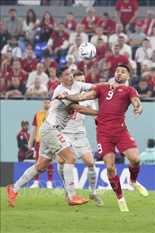 Trong ảnh: Pha tranh bóng giữa Fabian Schaer (trái) của Thuỵ Sĩ với Aleksandar Mitrovic của Seria. Ảnh: THX/TTXVN