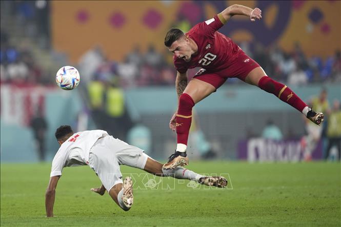 Trong ảnh: Pha tranh bóng giữa tiền vệ Sergej Milinkovic-Savic (phải) của Serbia với tuyển thủ Thuỵ Sĩ. Ảnh: THX/TTXVN