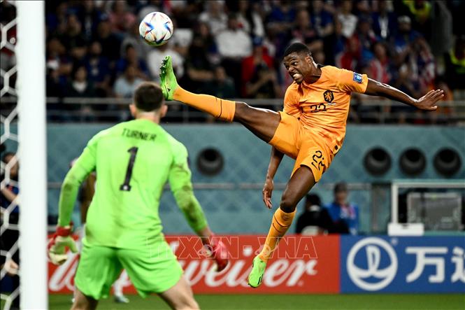 Pha dứt điểm của hậu vệ Hà Lan Denzel Dumfries (phải) trước khung thành tuyển Mỹ. Ảnh: AFP/TTXVN