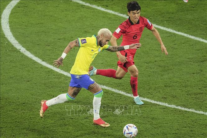Trong ảnh: Tiền đạo Brazil Neymar (trái) trong pha tranh bóng với Hwang In-beom của Hàn Quốc. Ảnh: THX/TTXVN