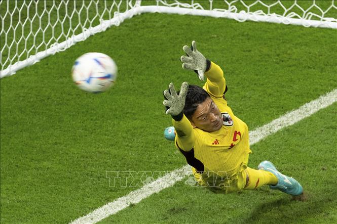 Thủ thành Nhật Bản Shuichi Gonda (ảnh) không chặn được quả sút penalty của tiền vệ Croatia Nikola Vlasic. Croatia dẫn trước Nhật Bản 1-0. Ảnh: THX/TTXVN