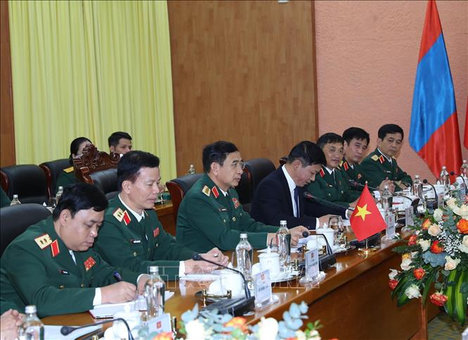 Minister of National Defence General Phan Van Giang speaks in the talks. VNA Photo: Trọng Đức 