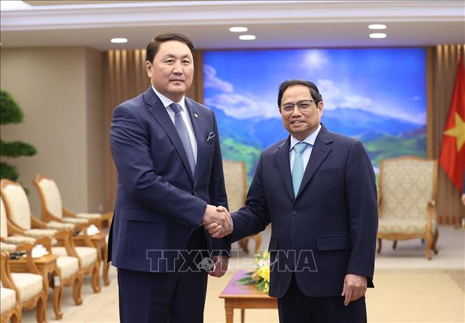 PM Pham Minh Chinh receives Mongolian Minister of Defence Saikhanbayar Gursed. VNA Photo: Dương Giang