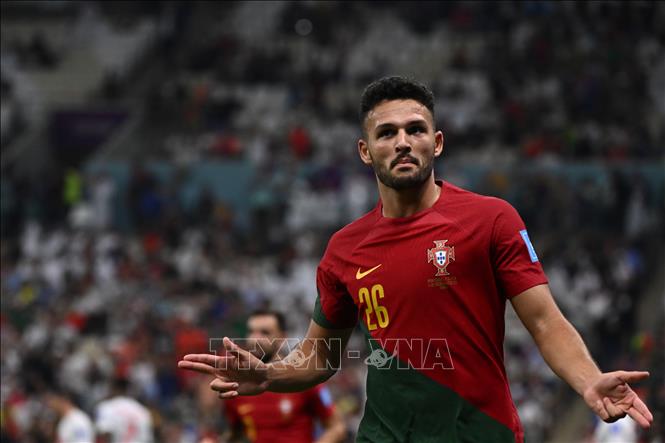 Tiền đạo Bồ Đào Nha Goncalo Ramos ăn mừng bàn thắng vào lưới Thuỵ Sĩ. Ảnh: AFP/TTXVN