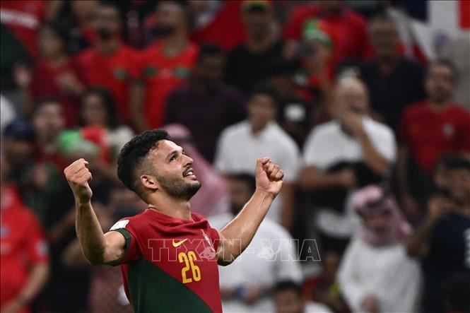 Tiền đạo Bồ Đào Nha Goncalo Ramos ăn mừng bàn thắng thứ ba vào lưới Thuỵ Sĩ. Ảnh: AFP/TTXVN