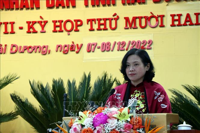 Bà Nguyễn Thị Ngọc Bích, Phó Chủ tịch Thường trực HĐND tỉnh Hải Dương phát biểu khai mạc kỳ họp. Ảnh: Mạnh Tú - TTXVN