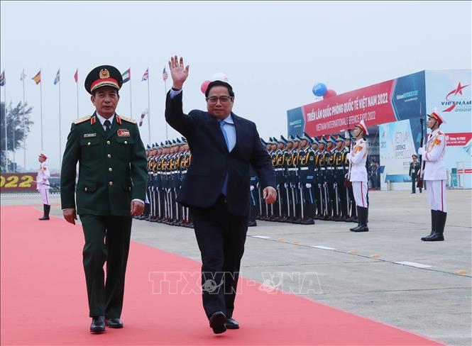 Thủ tướng Phạm Minh Chính đến dự Lễ khai mạc Triển lãm Quốc phòng quốc tế Việt Nam 2022. Ảnh: Trọng Đức - TTXVN