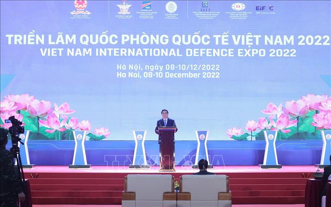 Thủ tướng Phạm Minh Chính phát biểu tại Lễ khai mạc Triển lãm Quốc phòng quốc tế Việt Nam 2022. Ảnh: Dương Giang - TTXVN
