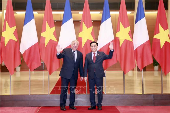 National Assembly Chairman Vuong Dinh Hue (R) and French Senate President Gérard Larcher 9 (L) pose for photo. VNA Photo: Doãn Tấn