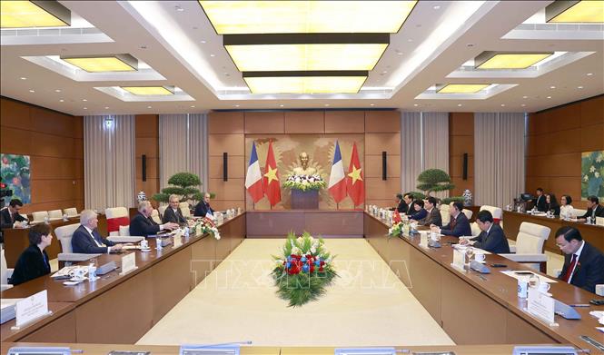 National Assembly Chairman Vuong Dinh Hue and French Senate President Gérard Larcher hold talks. VNA Photo: Doãn Tấn