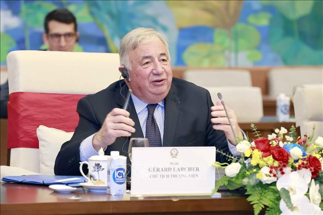 French Senate President Gérard Larcher speaks during the talks. VNA Photo: Doãn Tấn