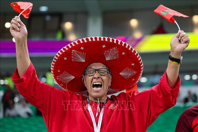 Cổ động viên Maroc trên khán đài sân vận động Al-Thumama. Ảnh: AFP/ TTXVN