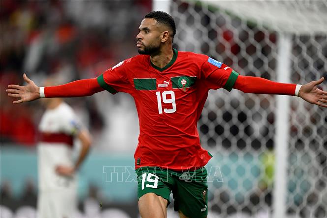 Tiền đạo Maroc Youssef En-Nesyri ăn mừng bàn thắng mở tỉ số trận đấu. Ảnh: AFP/ TTXVN