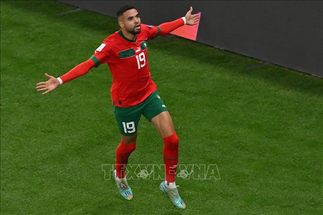 Tiền đạo Maroc Youssef En-Nesyri ăn mừng bàn thắng mở tỉ số trận đấu. Ảnh: AFP/ TTXVN