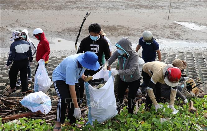 Trong ảnh: Thu gom rác thải ở bờ kè bảo vệ đê biển Gò Công. Ảnh: Hữu Chí - TTXVN