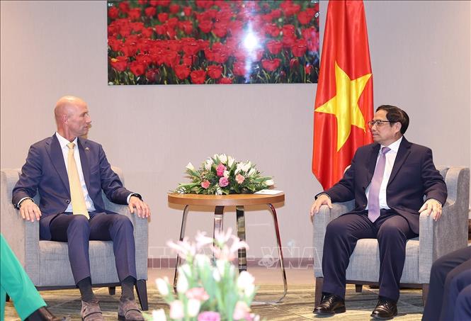 Thủ tướng Phạm Minh Chính tiếp ông Joost Vrancken Peeters, Chủ tịch Hiệp hội doanh nghiệp Hà Lan tại Việt Nam và lãnh đạo Phòng Thương mại Hà Lan- Việt Nam. Ảnh: Dương Giang-TTXVN

